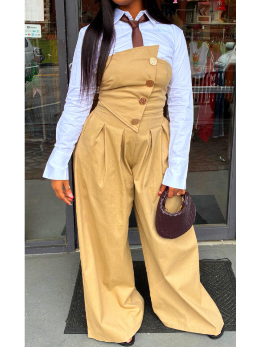 Strapless Metal Button Wide Leg Pants
