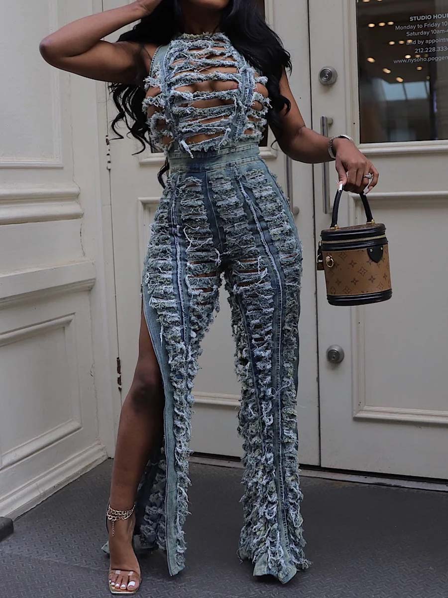 Fashion Distressed Acid Wash Denim Jumpsuit