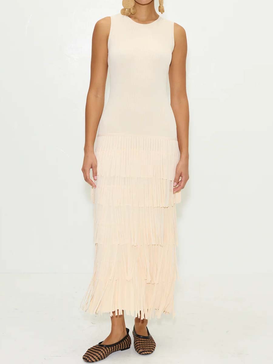 Sleeveless Knit Fringd Maxi Dress