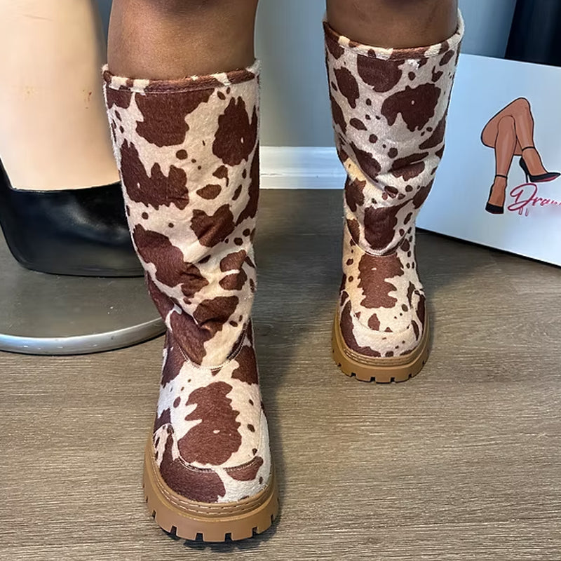 Cozy Cow Print Plush Boots