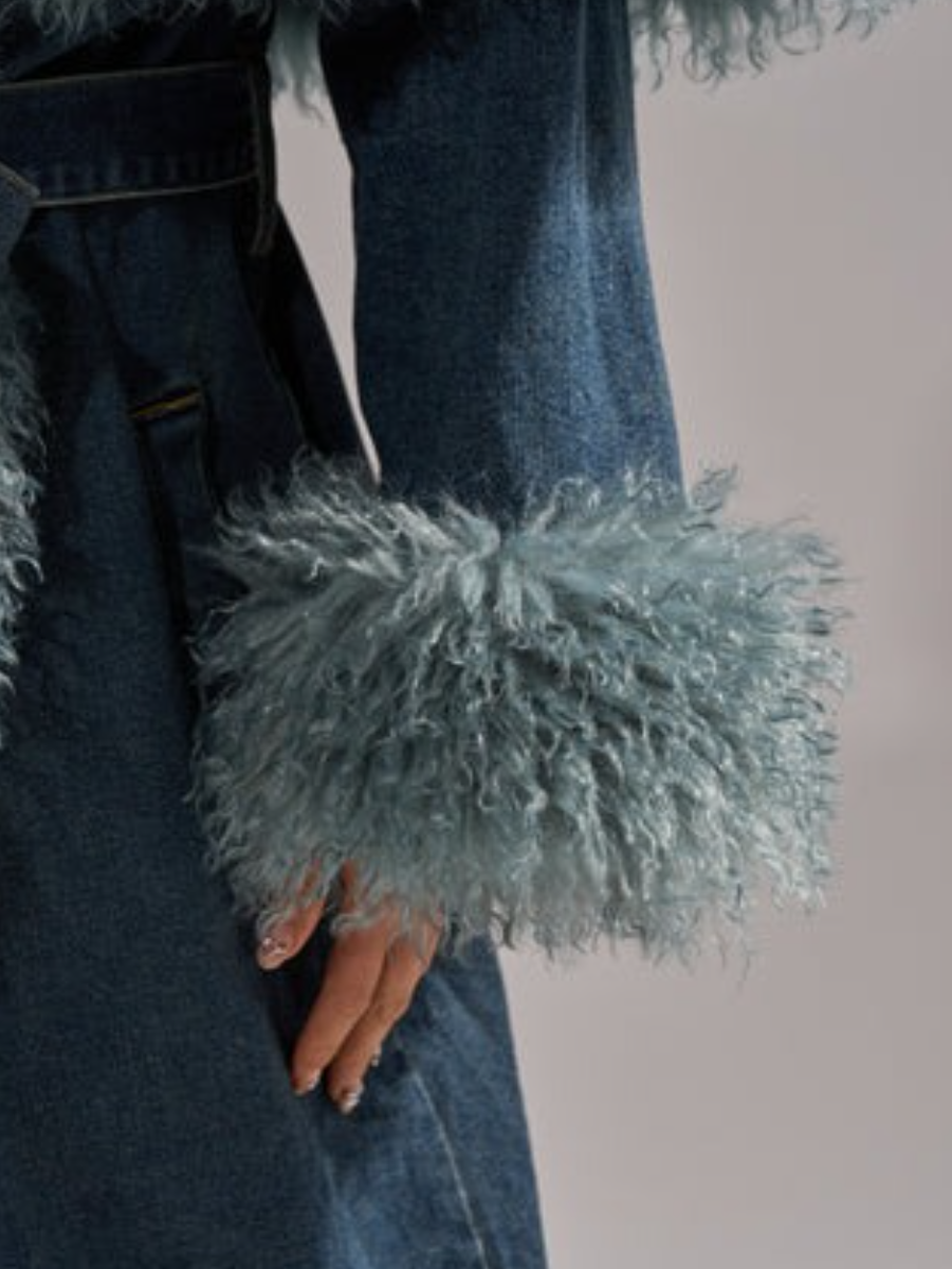 DARK-WASH DENIM FUR TRIM DENIM TRENCH