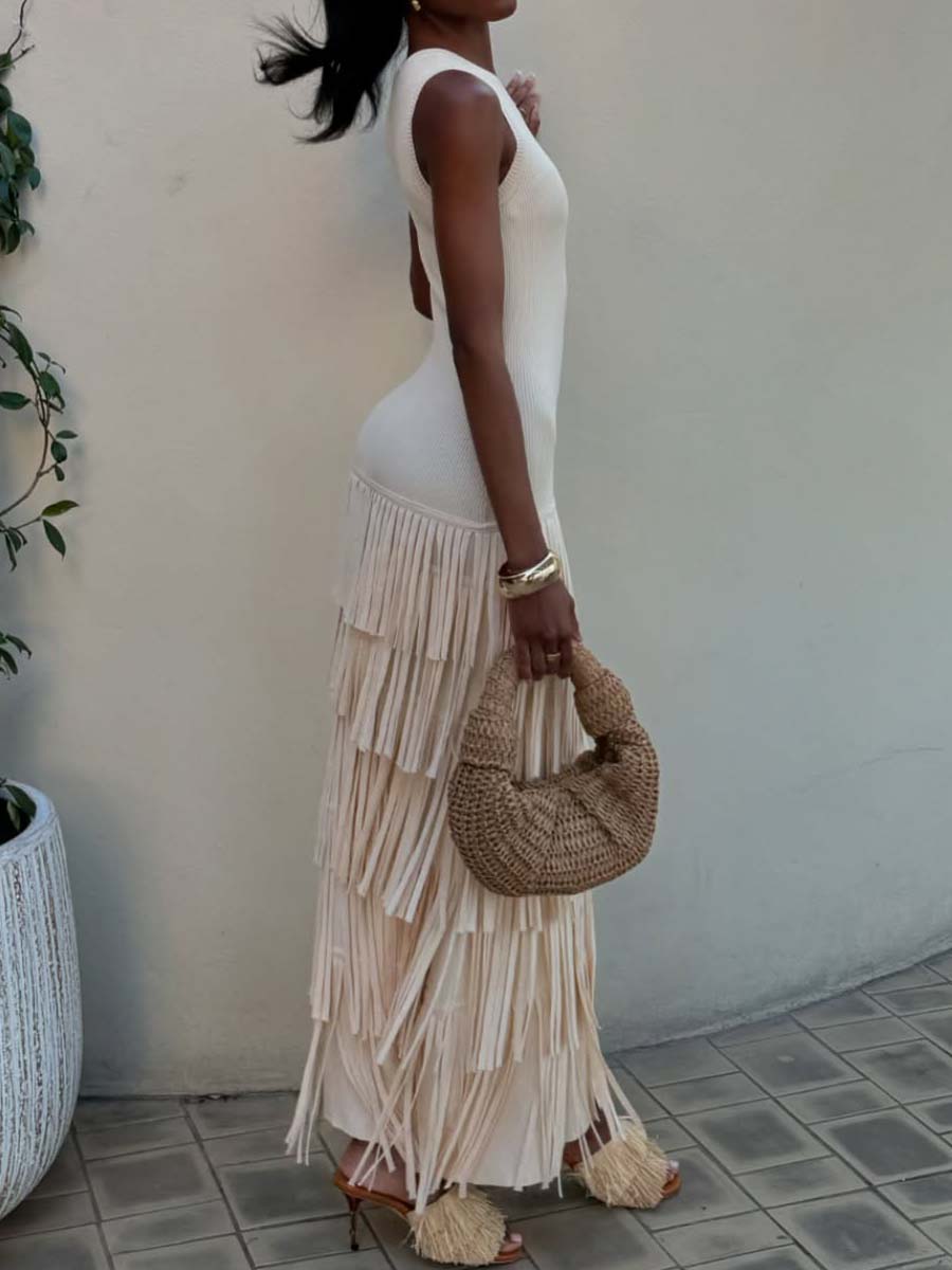 Sleeveless Knit Fringd Maxi Dress