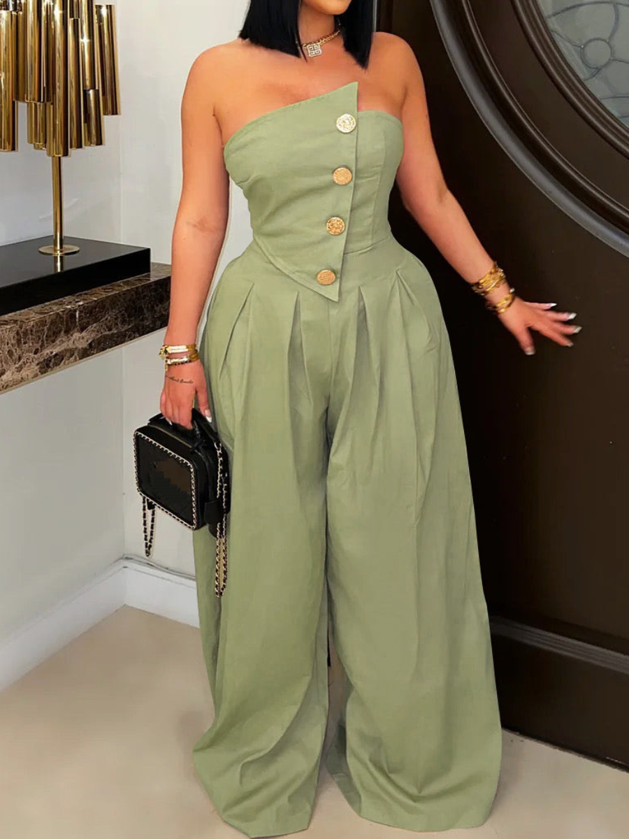 Strapless Metal Button Wide Leg Pants