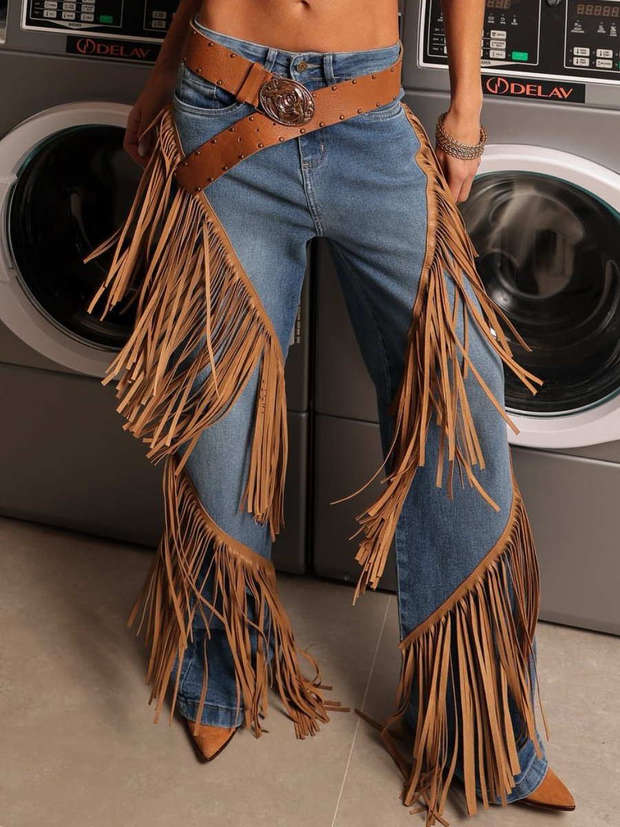 Hot Sale Western Denim Fringed Jeans