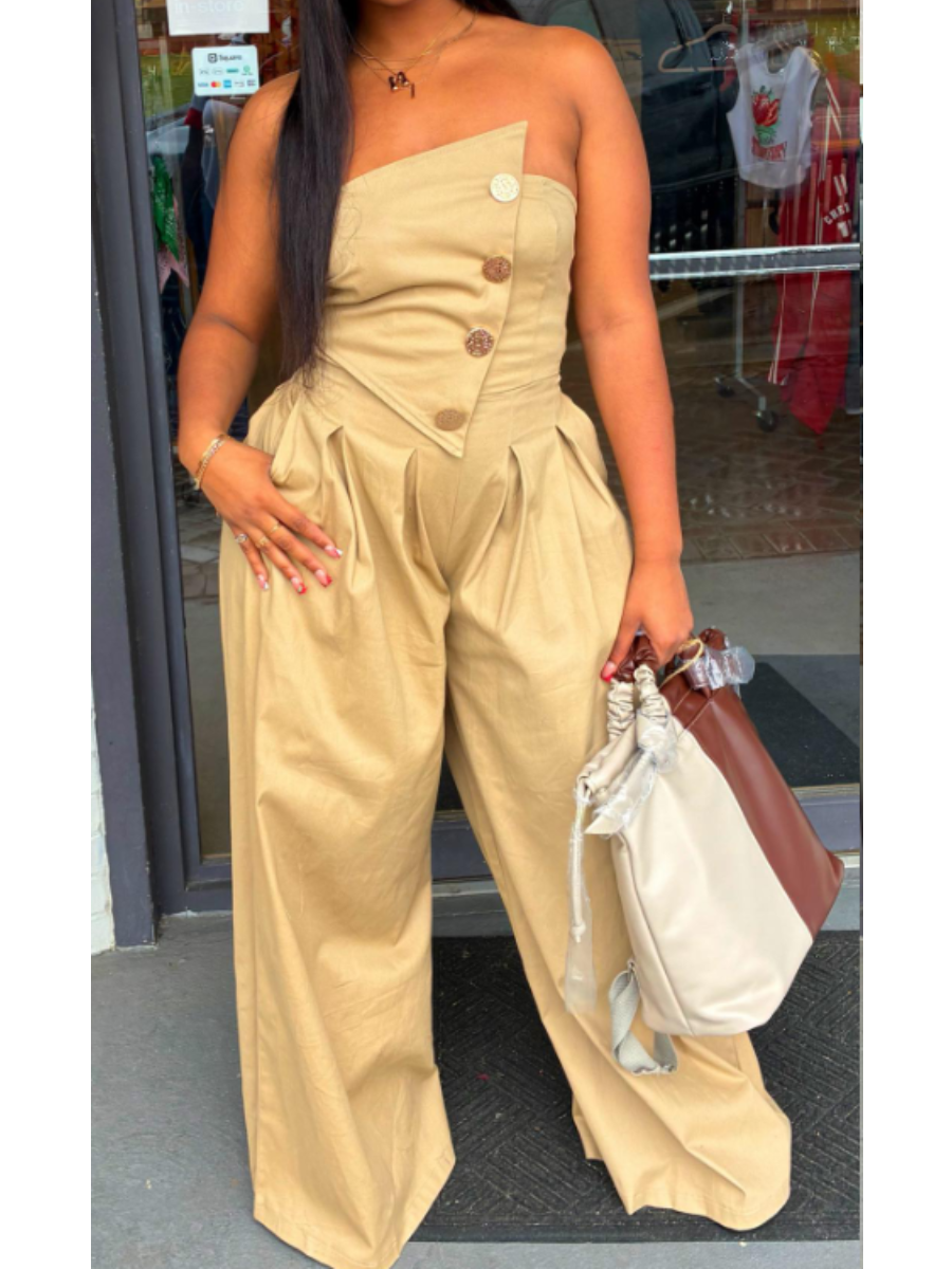 Strapless Metal Button Wide Leg Pants