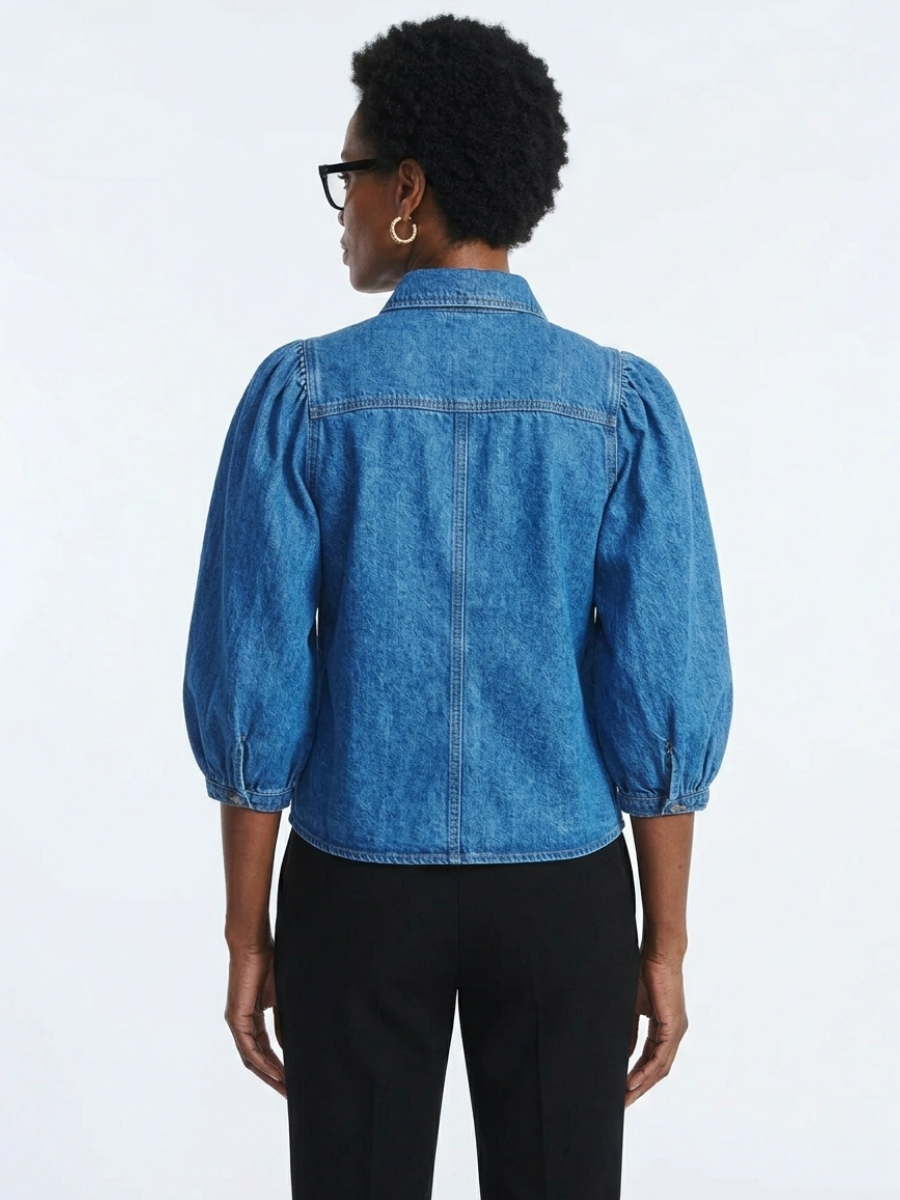 Women’s Denim Shirt With 3/4 Length Puff Sleeves
