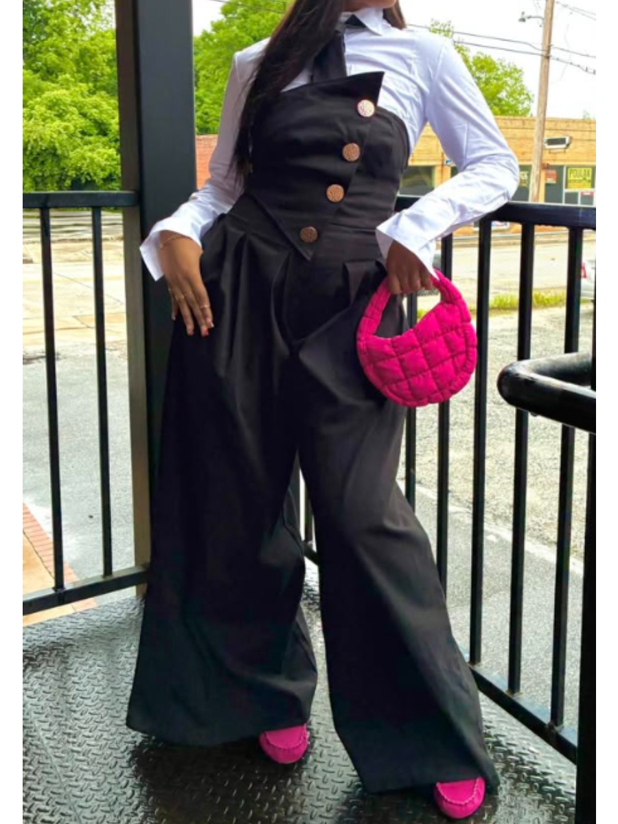 Strapless Metal Button Wide Leg Pants