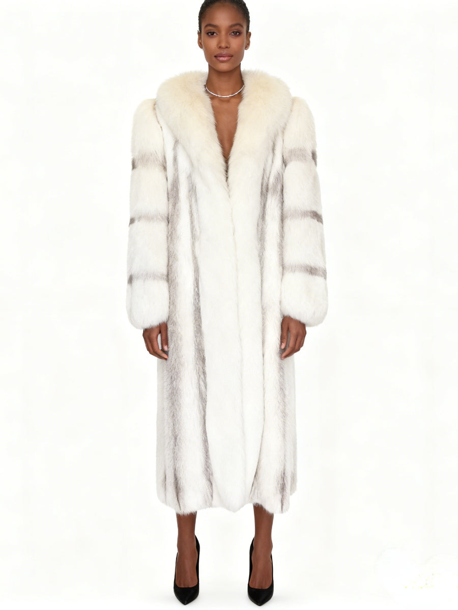 White & Silver Striped Long Fox Fur Coat | US Free Shipping