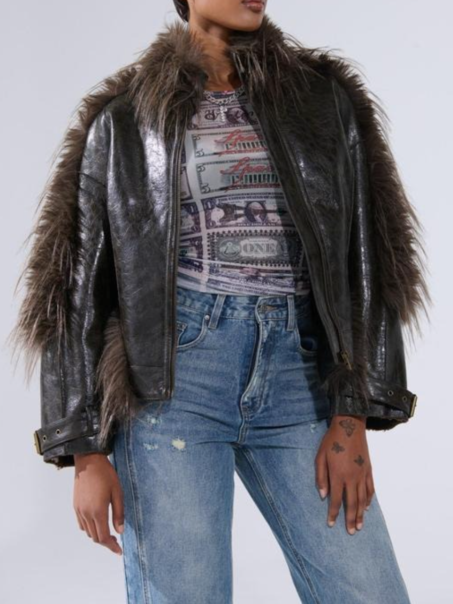 Long-Hair Faux Fur Trim Moto