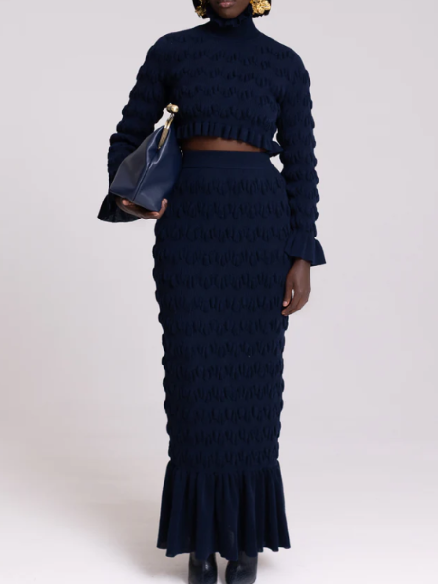 Pleated Navy Knitted Skirt Suit