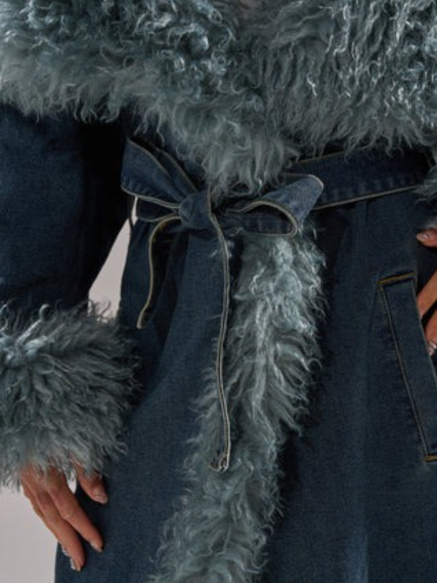 DARK-WASH DENIM FUR TRIM DENIM TRENCH