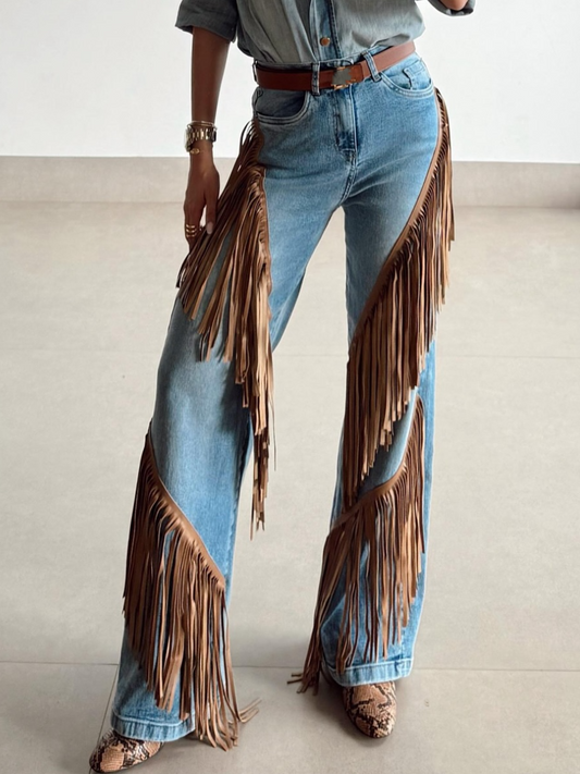 Hot Sale Western Denim Fringed Jeans