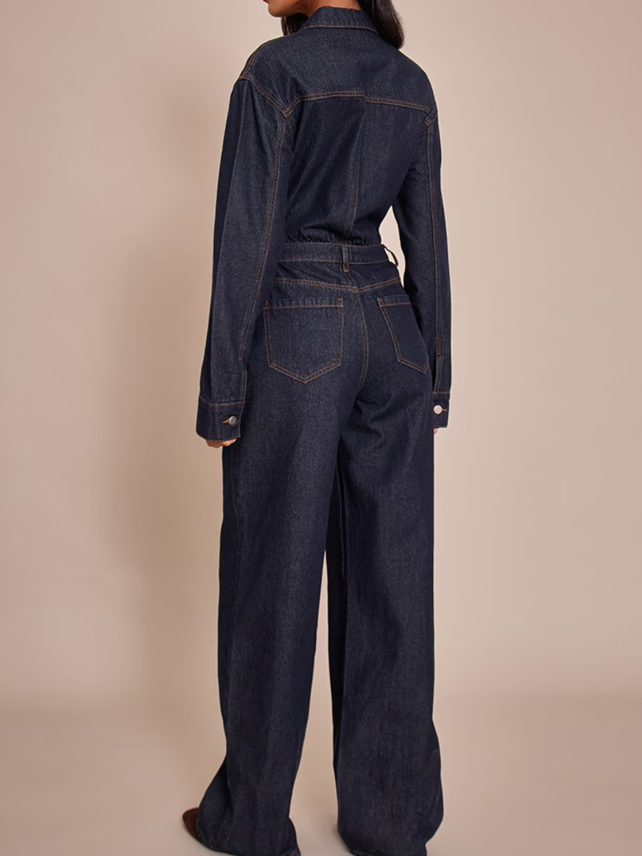 Indigo Contrast Stitch Long Sleeve Denim Jumpsuit