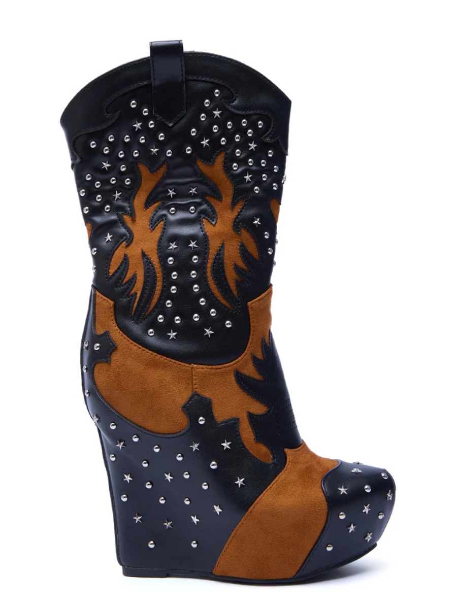 CALLIA BLACK MULTI WESTERN WEDGE BOOTIE