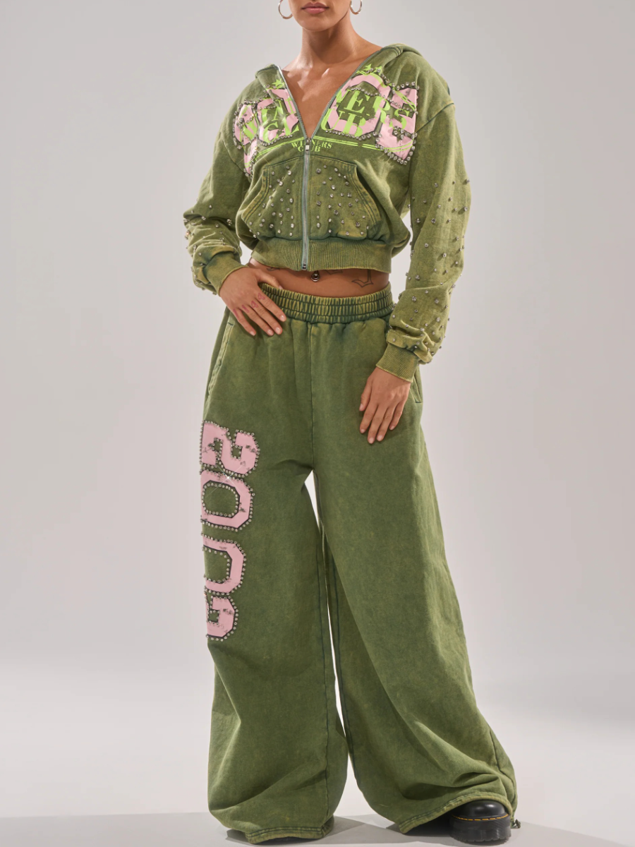 RHINESTONE ZIP UP SWEATSHIRT TWO PIECES SET