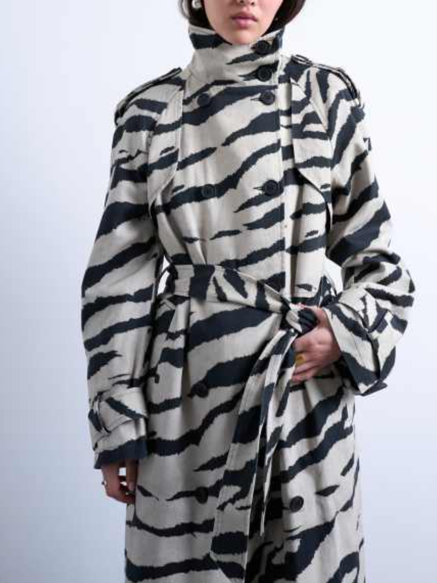 Zebra Print Funnel Neck Trench Coat