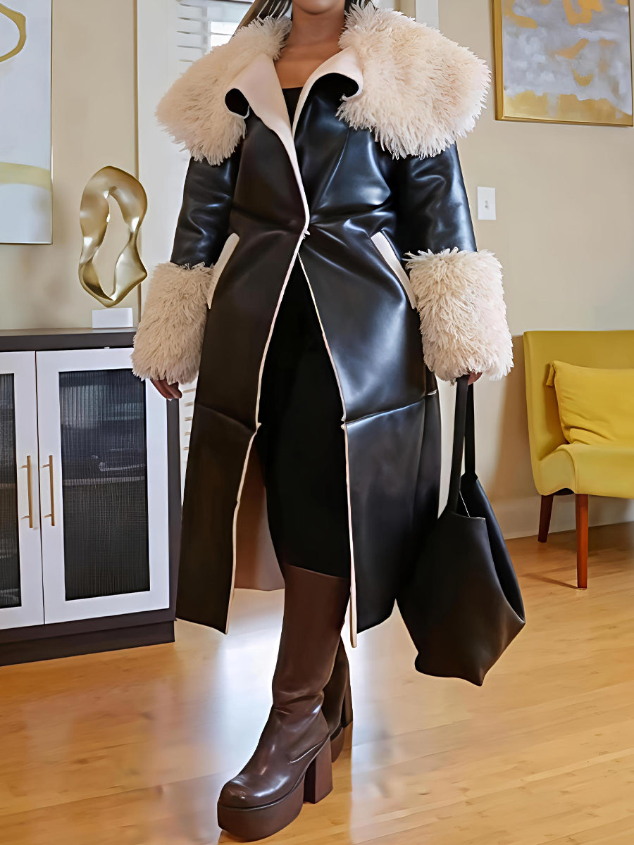Faux Leather Faux Sherpa Trim Trench Coat