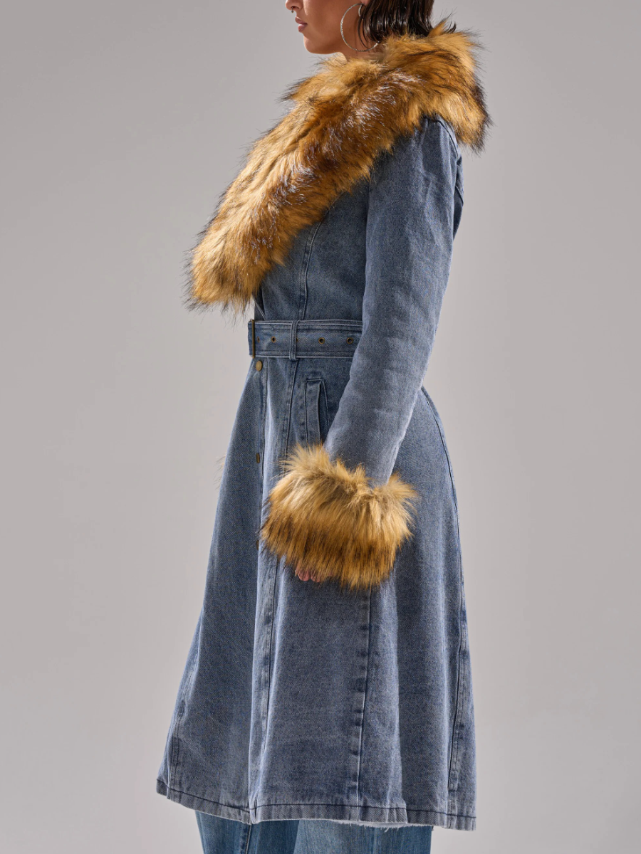 WINTER FUR TRIM DENIM TRENCH