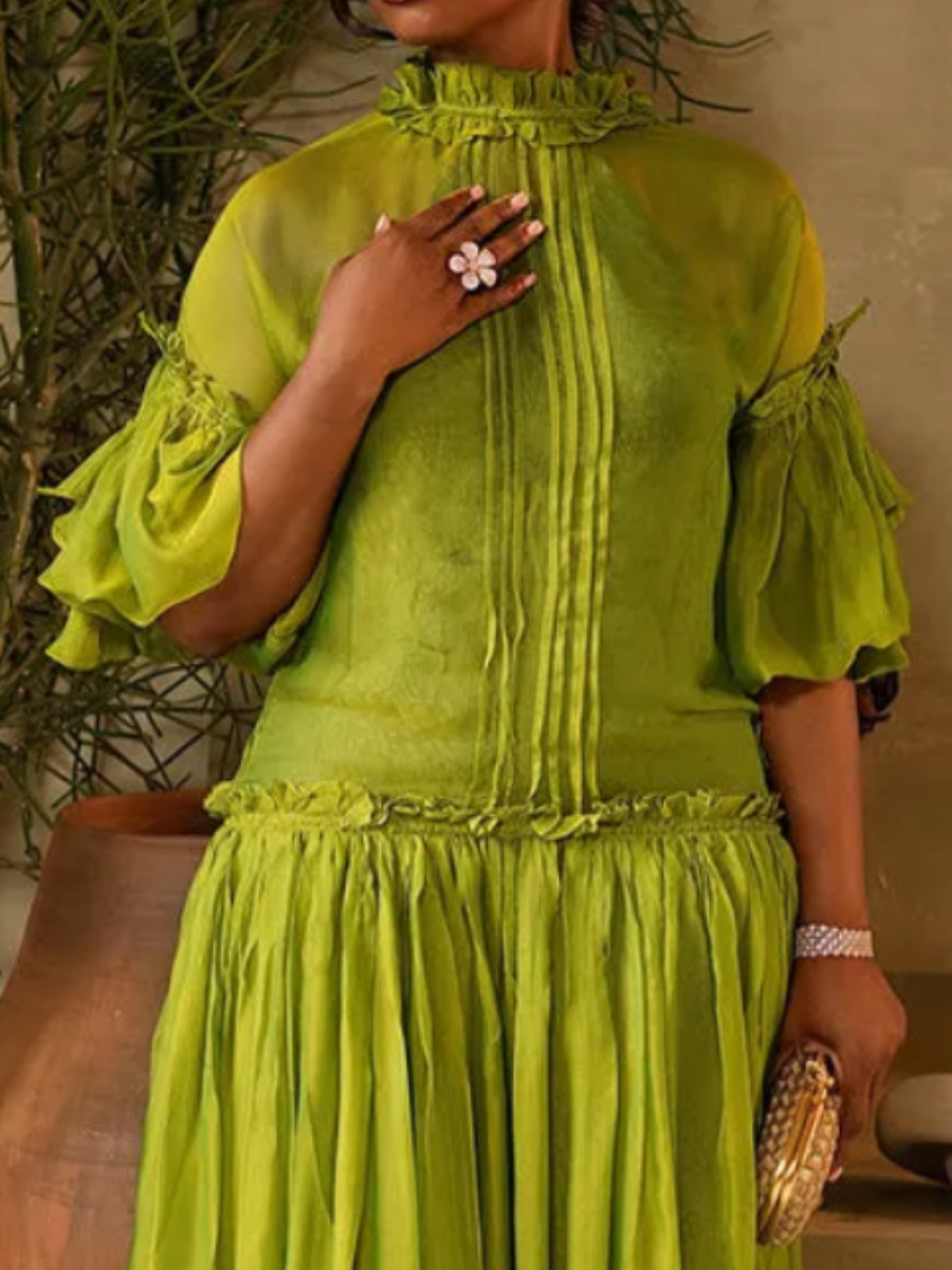 Pleated Mid-long Sleeve Midi Dress