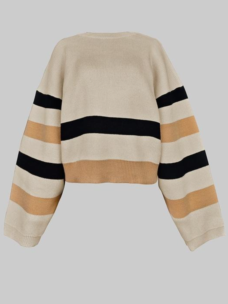 Loose Striped Round-Neck Pullovers Sweater Tops & Loose Wide Leg Striped Casual Pants Set