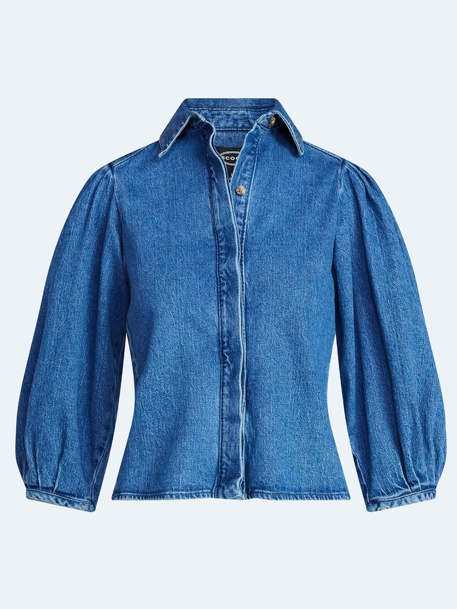 Women’s Denim Shirt With 3/4 Length Puff Sleeves
