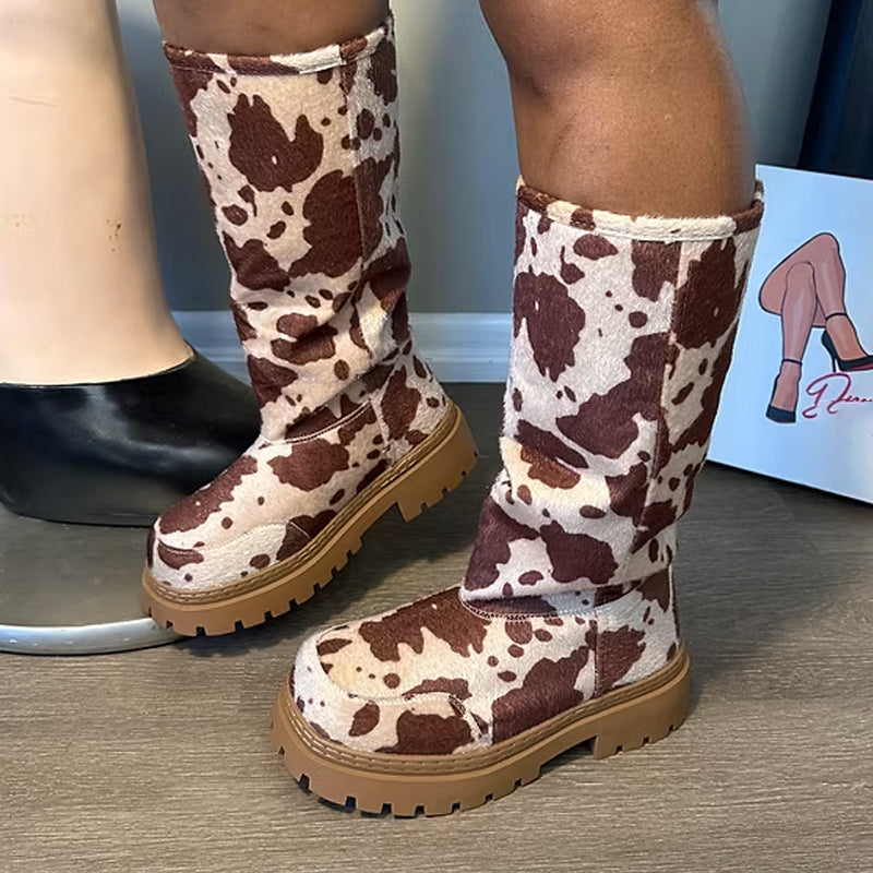Cozy Cow Print Plush Boots