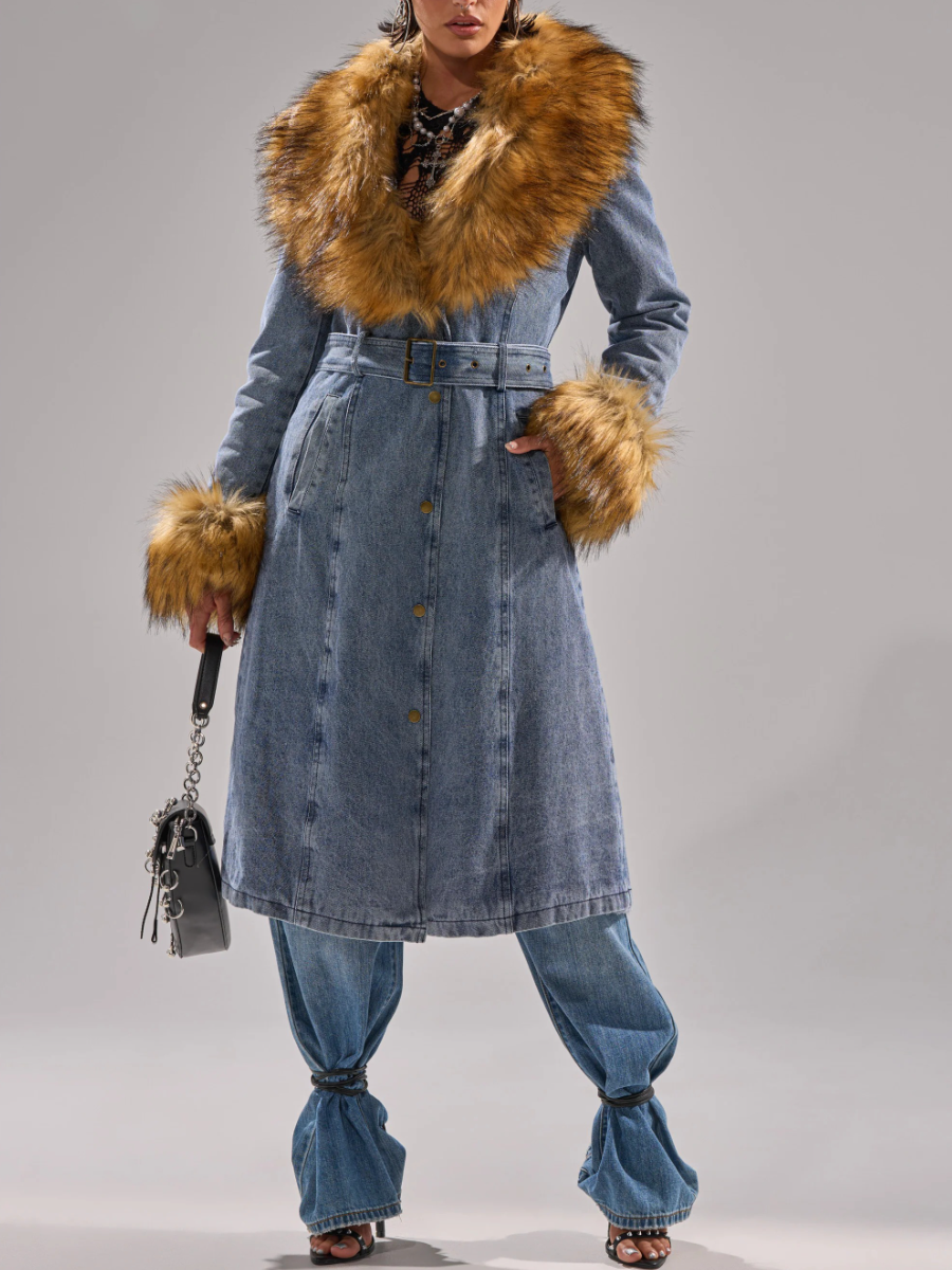 WINTER FUR TRIM DENIM TRENCH
