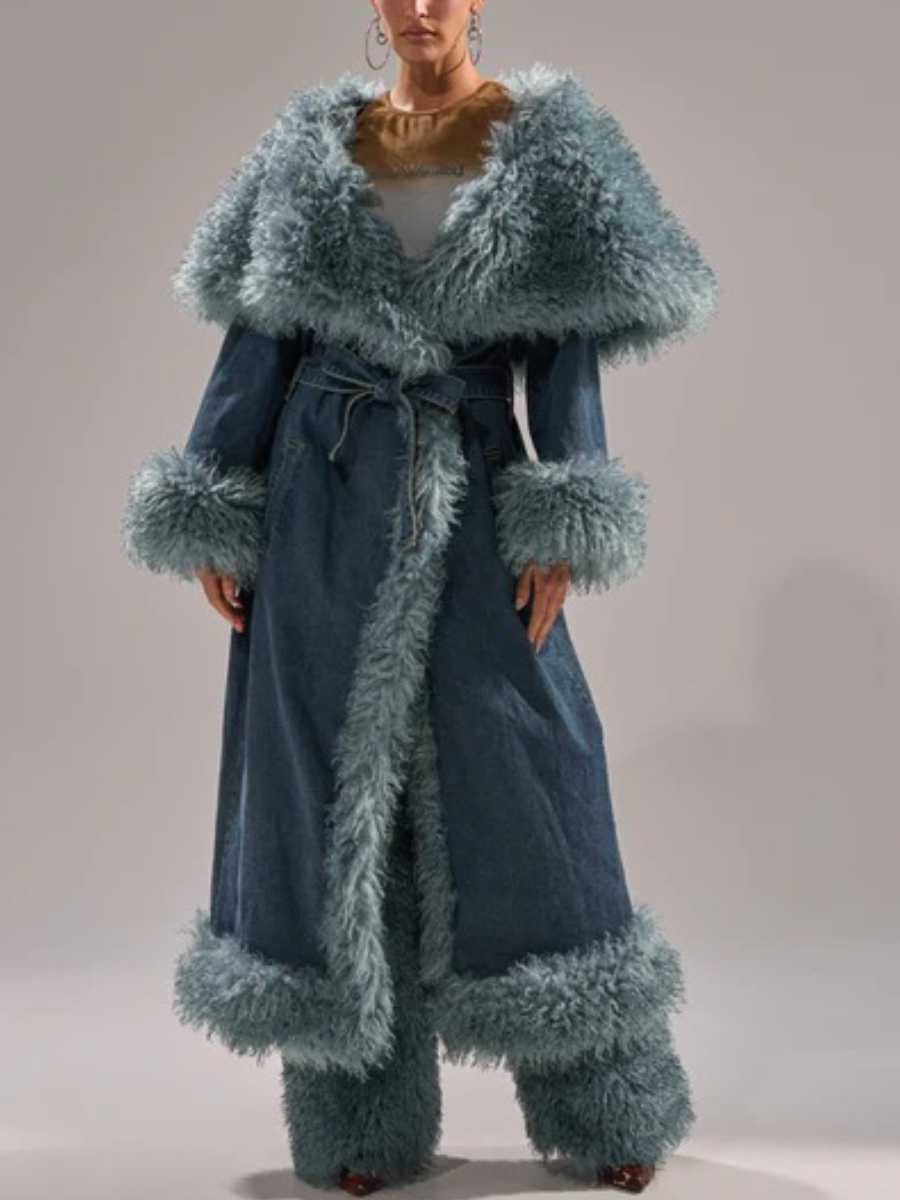 DARK-WASH DENIM FUR TRIM DENIM TRENCH