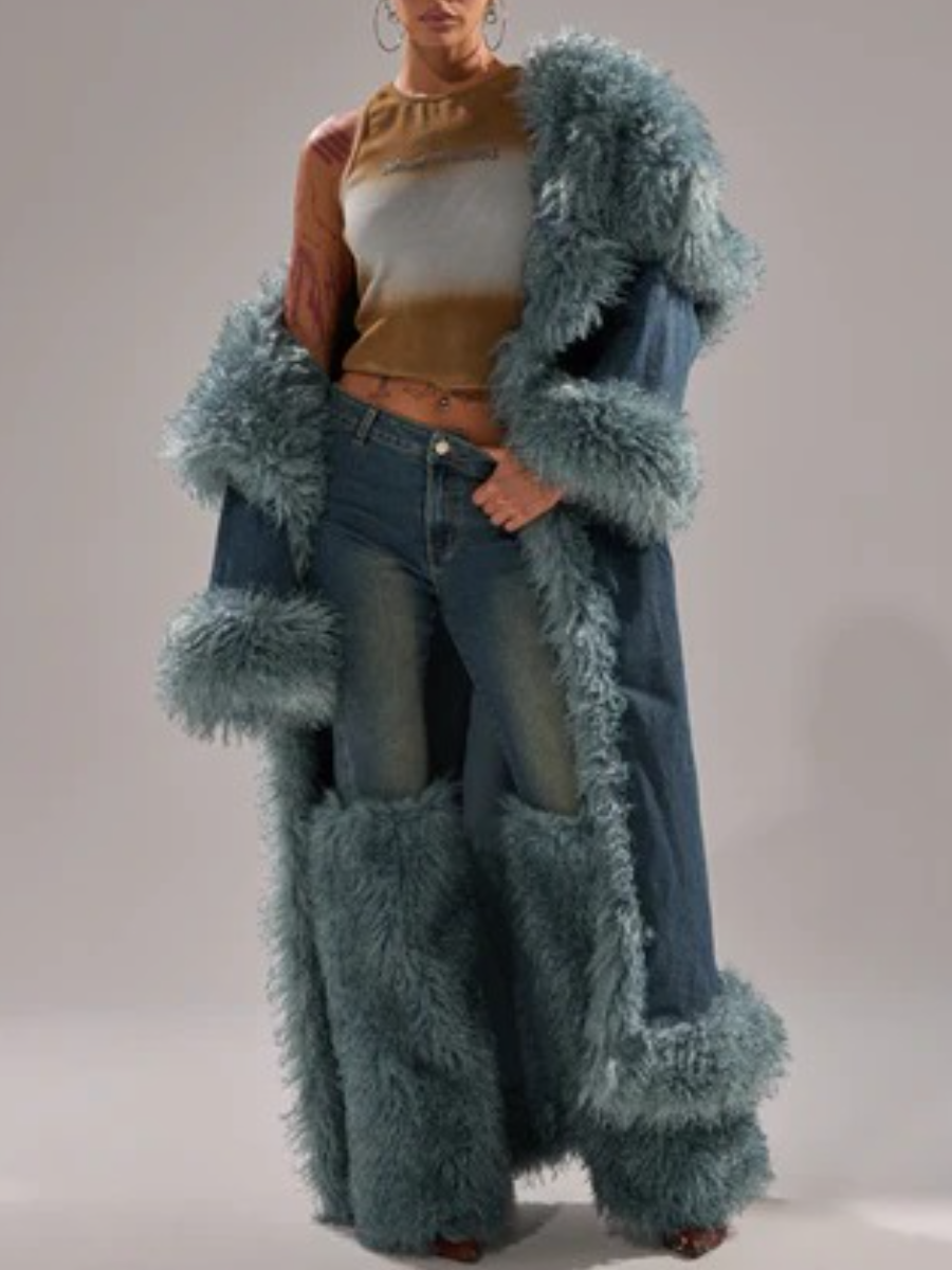 DARK-WASH DENIM FUR TRIM DENIM TRENCH