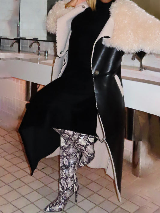 Faux Leather Faux Sherpa Trim Trench Coat
