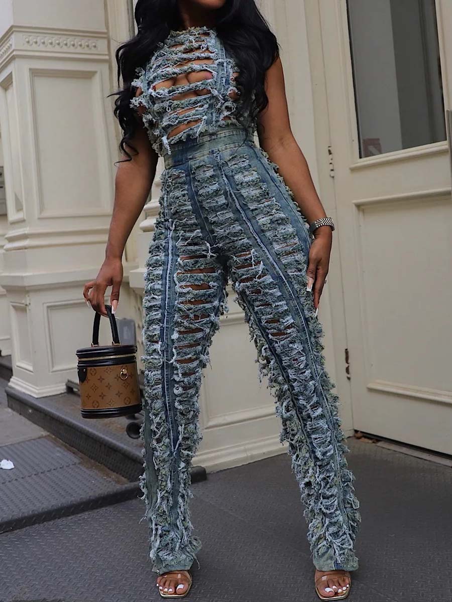 Fashion Distressed Acid Wash Denim Jumpsuit