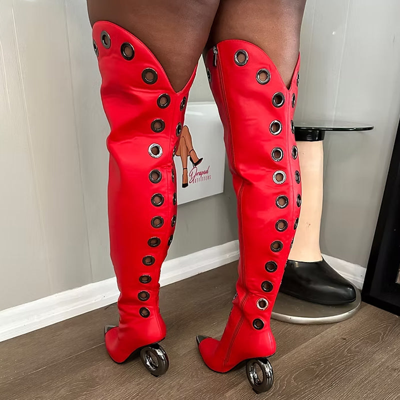 Metal-Tipped Eyelet Thigh-High Boots
