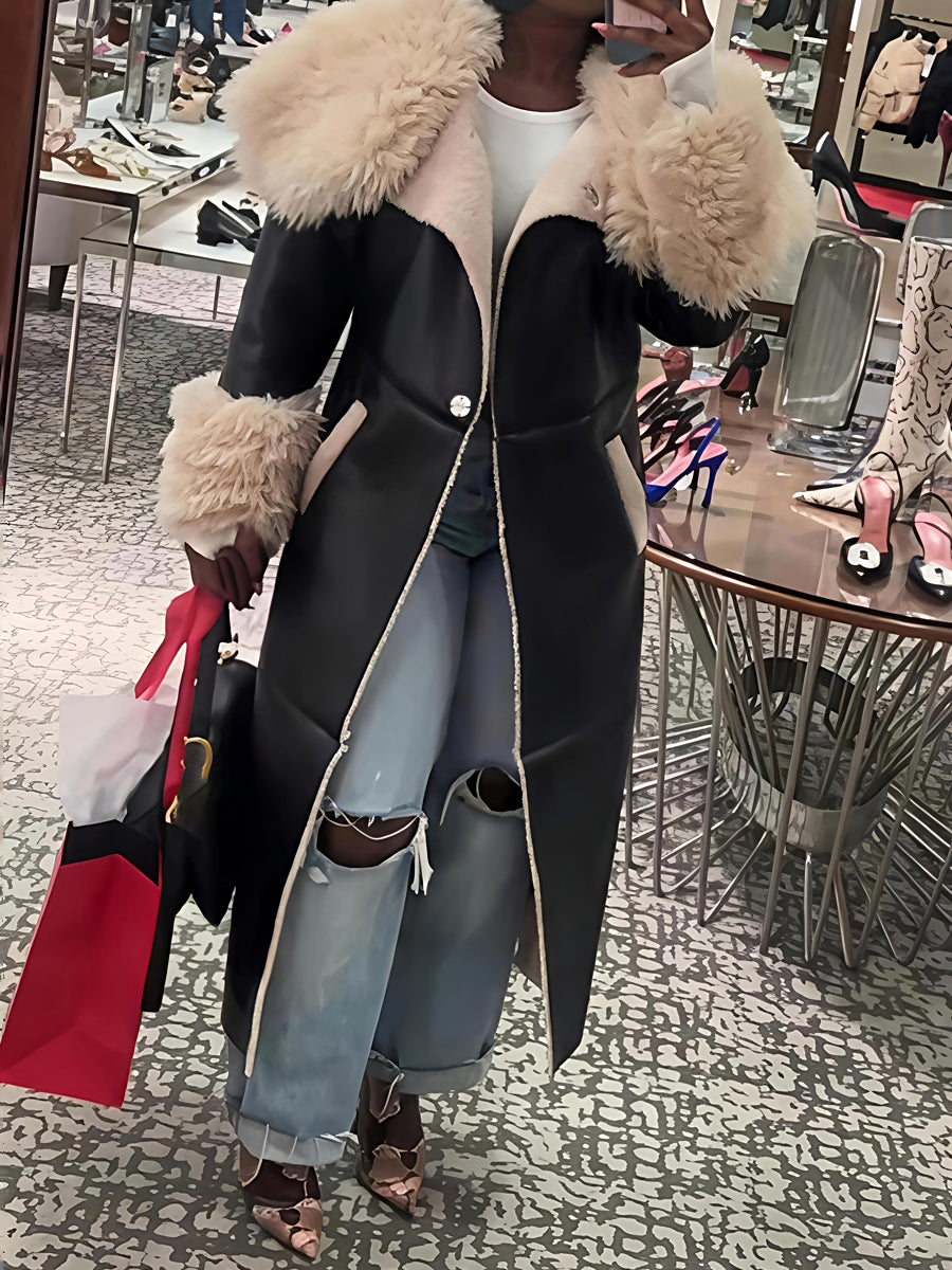 Faux Leather Faux Sherpa Trim Trench Coat