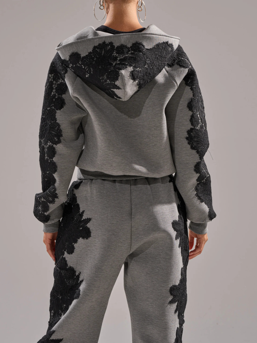 Lace Embroidery Zip Up Sweatshirt