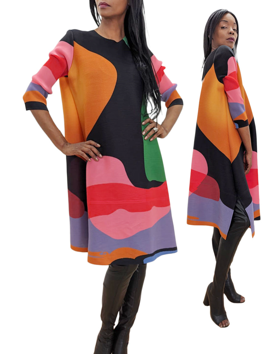 Multicolor 3/4 Sleeve Midi Dress