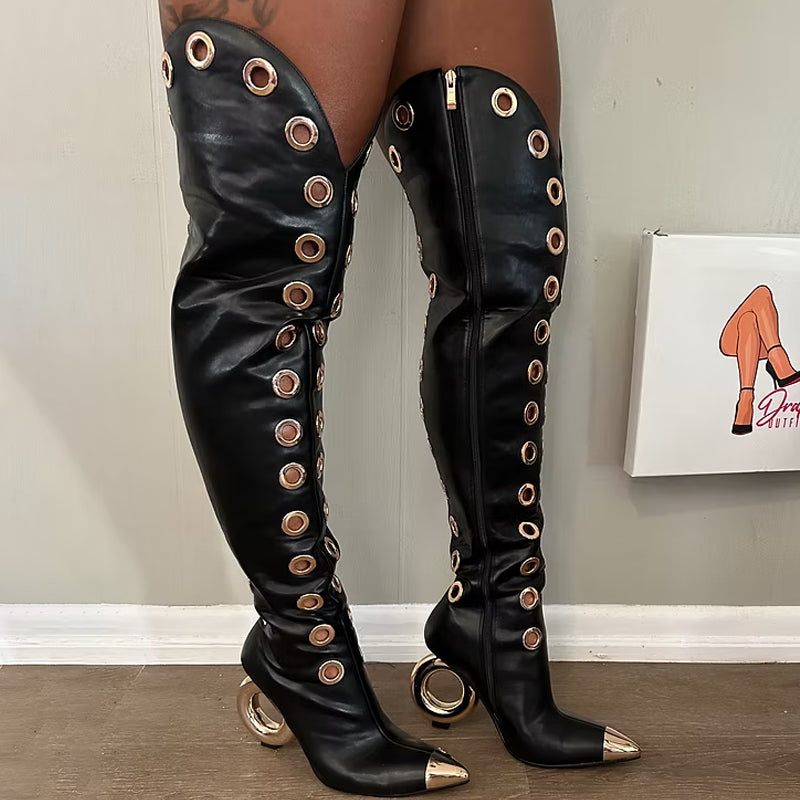 Metal-Tipped Eyelet Thigh-High Boots