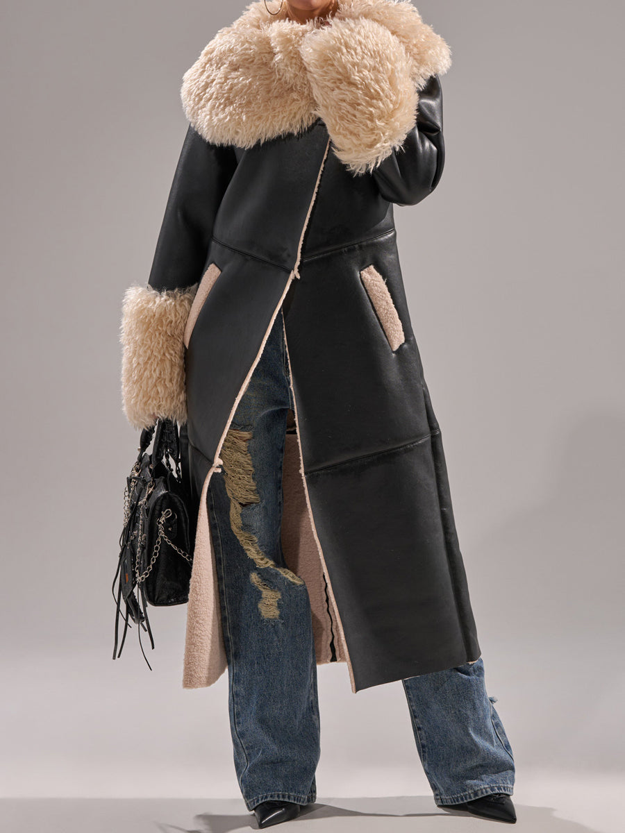 Faux Leather Faux Sherpa Trim Trench Coat
