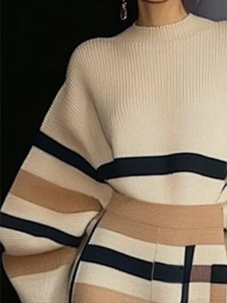 Loose Striped Round-Neck Pullovers Sweater Tops & Loose Wide Leg Striped Casual Pants Set