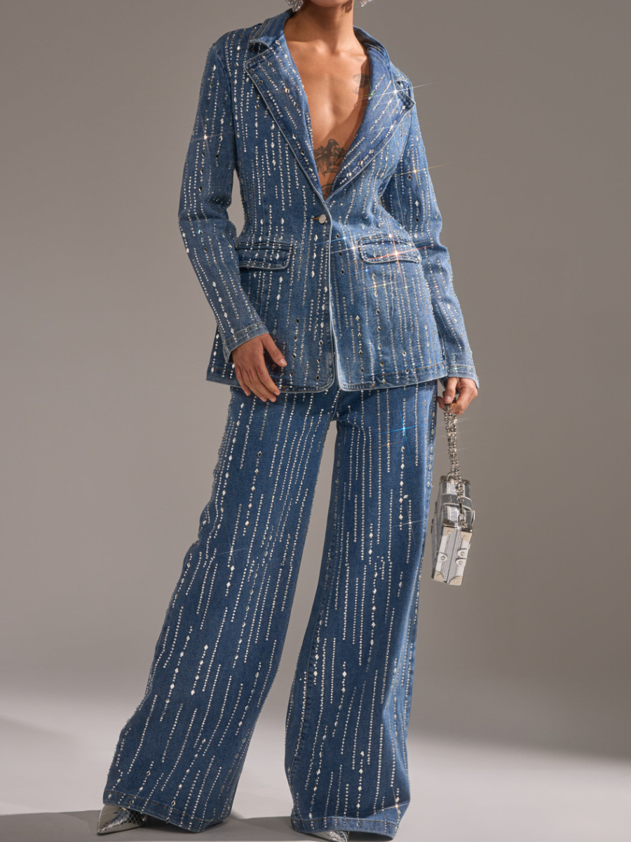 NEVER QUIT RHINESTONE DENIM BLAZER SUIT