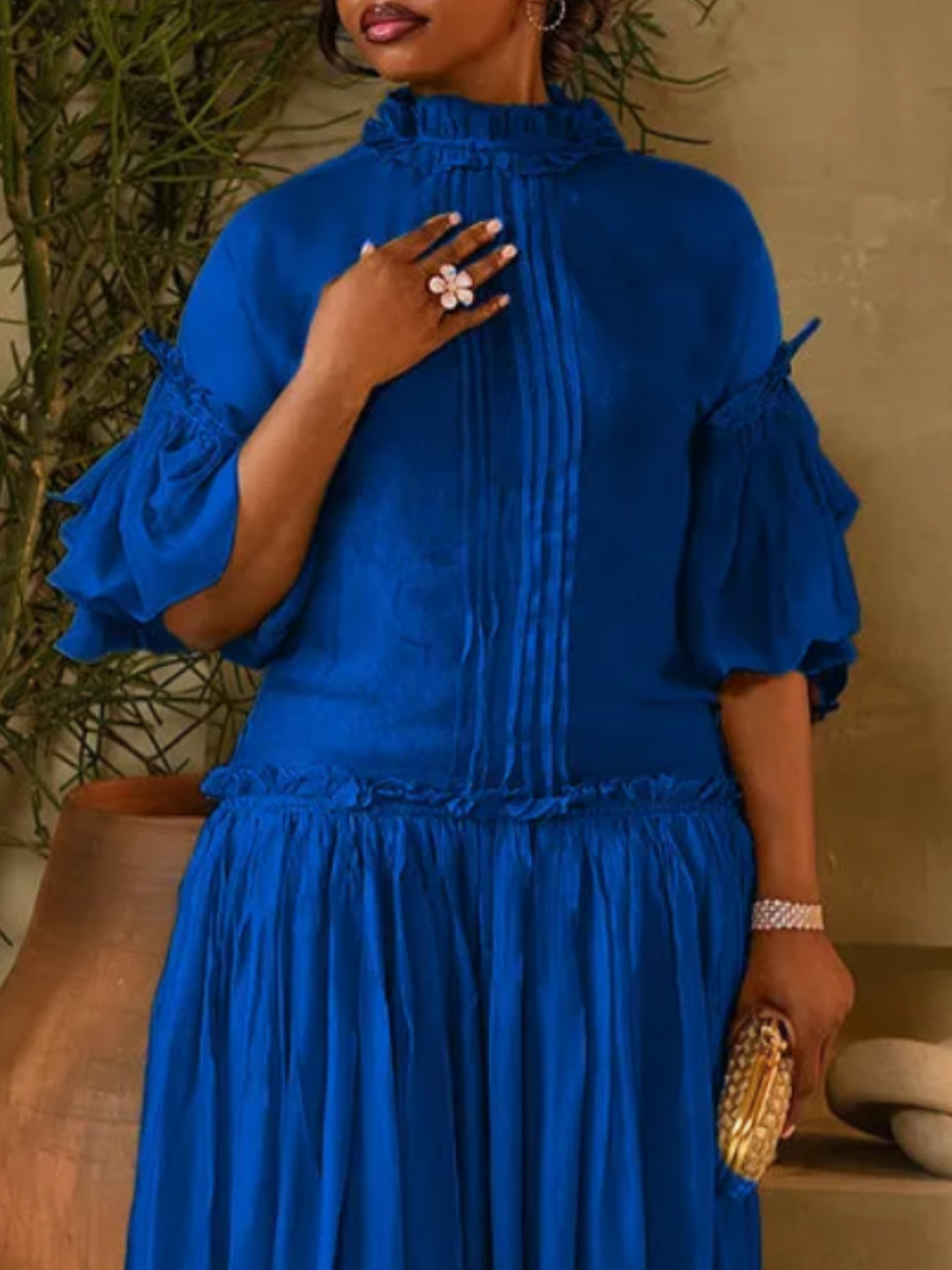 Pleated Mid-long Sleeve Midi Dress