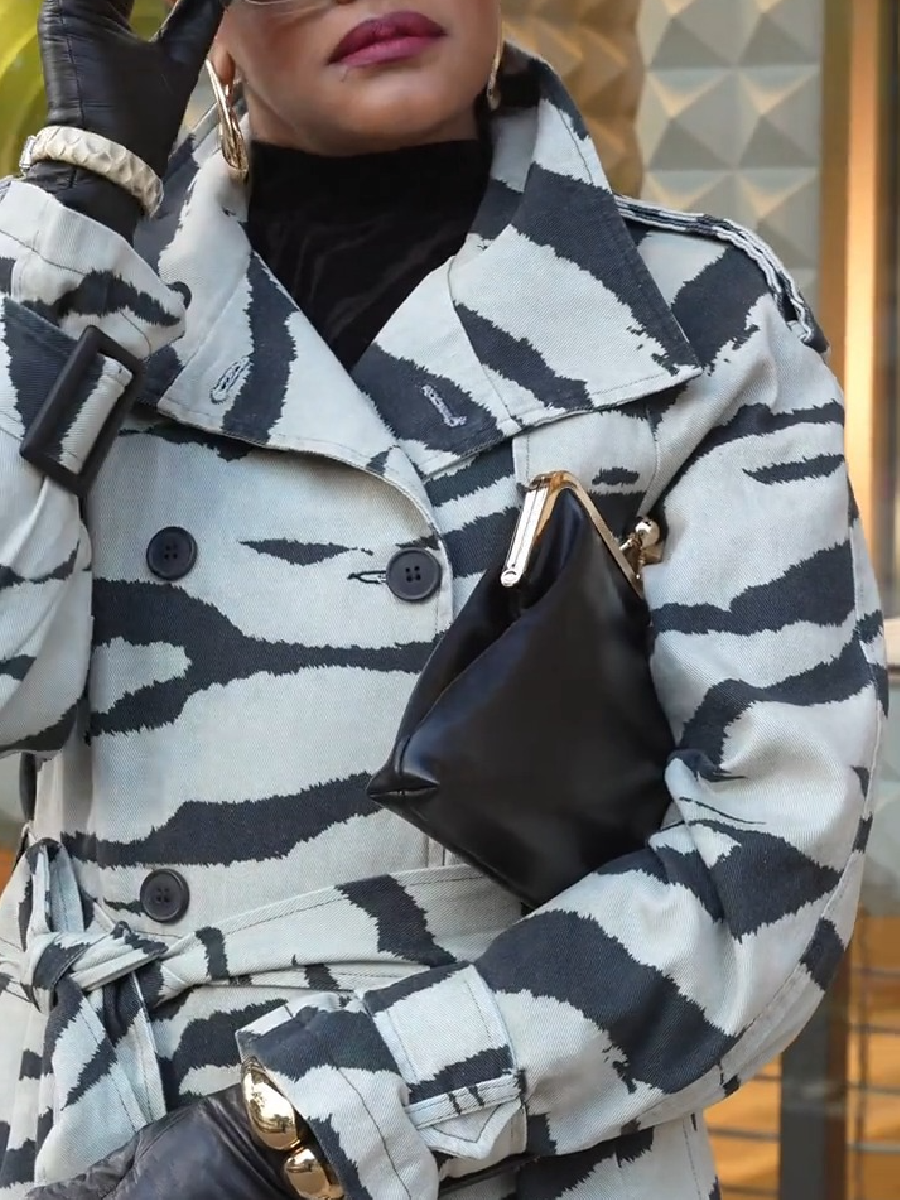 Zebra Print Funnel Neck Trench Coat