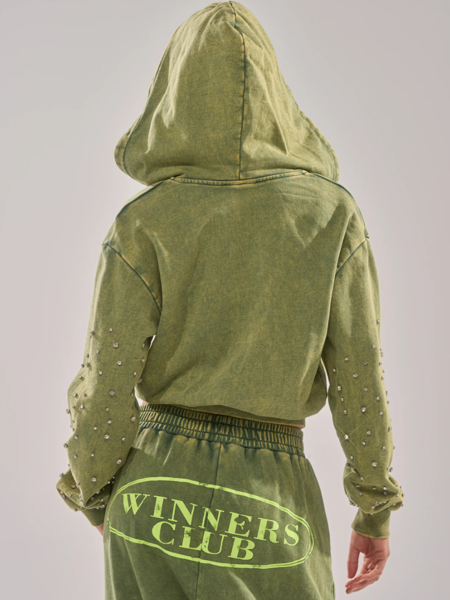 RHINESTONE ZIP UP SWEATSHIRT TWO PIECES SET