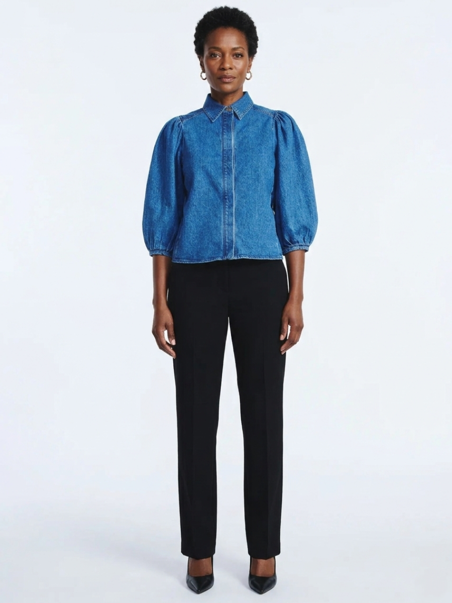 Women’s Denim Shirt With 3/4 Length Puff Sleeves