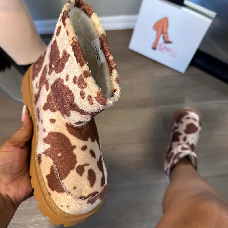 Cozy Cow Print Plush Boots