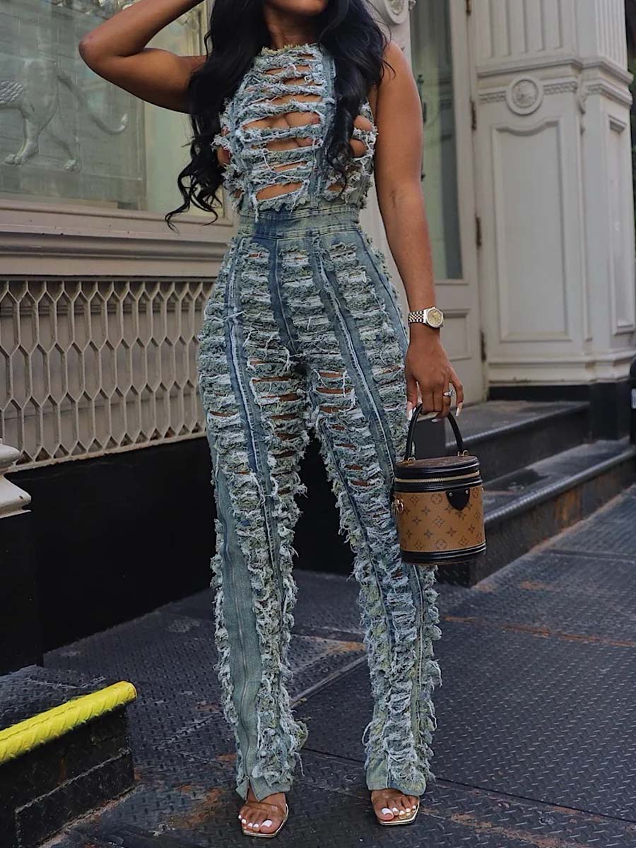 Fashion Distressed Acid Wash Denim Jumpsuit