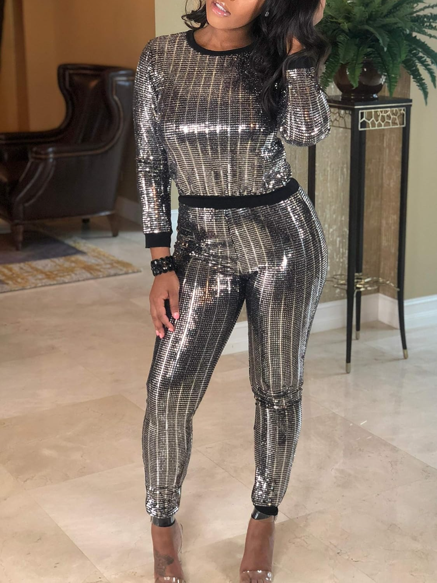Sequins & Metallic Top And Pants Set
