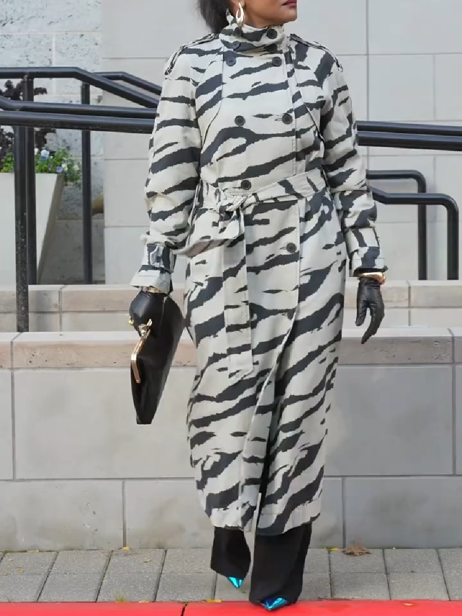 Zebra Print Funnel Neck Trench Coat