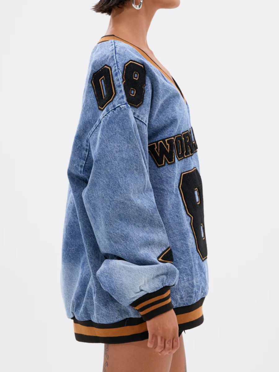 OVERSIZED ALL AROUND THE WORLD DENIM SWEATSHIRT