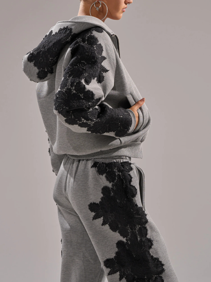Lace Embroidery Zip Up Sweatshirt