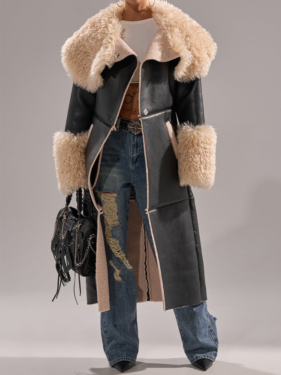 Faux Leather Faux Sherpa Trim Trench Coat
